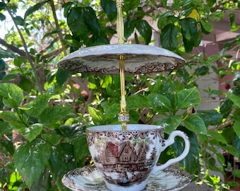 Vintage Teacup Bird Feeder: Ornate Metal Hanger, Rhinestone Accents