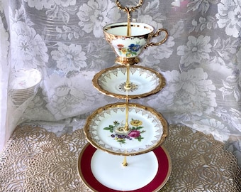 Vintage China Tiered Cake Stand, Tea Party, Cupcake Display, Macaroon Server