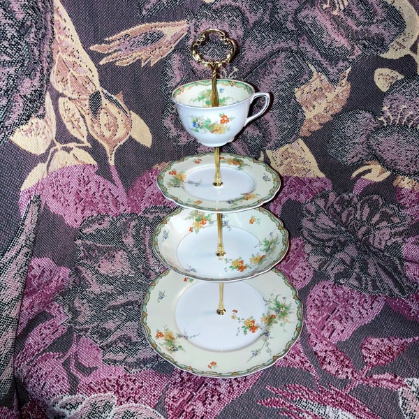 Tiered Cake Stand Cupcake Server Vintage Teacup & Saucer Macaroon Server Candy Dish Tea Party Server Gift for Mom Housewarming Gift