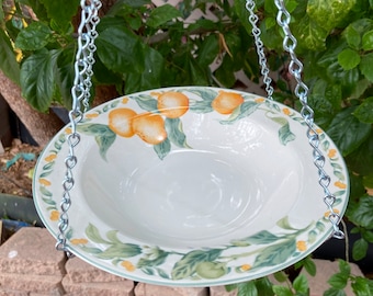 Bird Feeders, Bird Bath, Vintage China Bowl, Hanging Metal Macrame Hoop