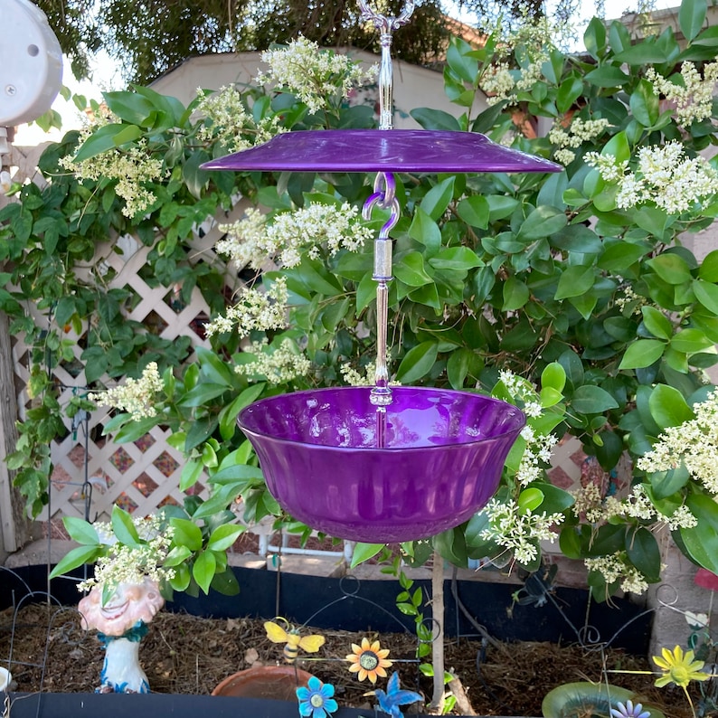 May include: A hanging bird feeder with a deep purple bowl and a matching purple, umbrella-shaped top. The feeder is suspended by a silver-colored metal chain and hook. The background features green foliage and white flowers.