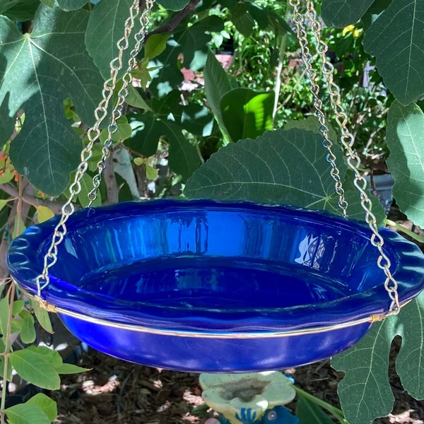 Bird Bath, Bird Feeder, Hanging Bird Bath, Glass Pie Plate, Jack Chain, Macrame Hoop, Bird Lover Gift, Gift for Mom, Housewarming Gift