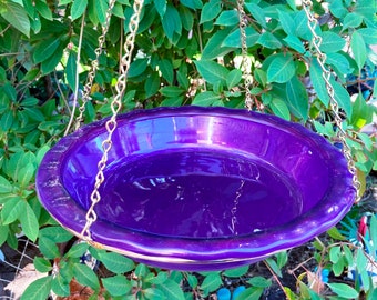 Hanging Glass Bird Bath: Purple Pie Plate with Gold Chain