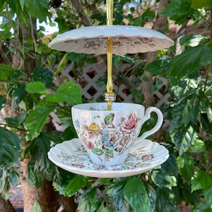 Teacup Bird Feeder: Vintage China, Metal Hanger, Garden Decor