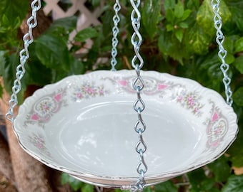 Bird Feeders, Bird Bath, Vintage China Bowl, Hanging Metal Macrame Hoop
