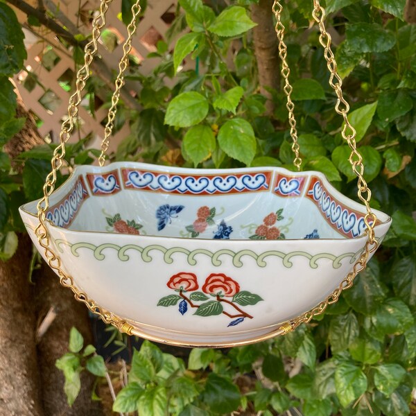 Bird Bath, Bird Feeder, Hanging Bird Bath, Vintage China Bowl, Jack Chain, Macrame Hoop, Bird Lover Gift, Gift for Mom, Housewarming Gift