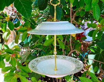 Vintage China Bird Feeder, Hanging Bird Bath, Succulent Planter