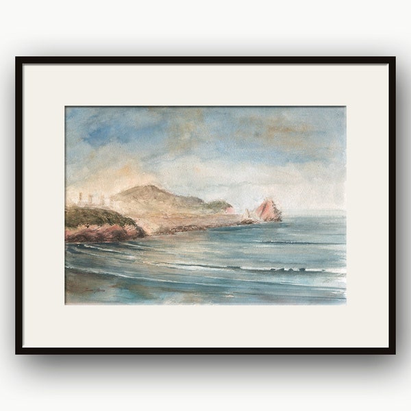 Seascape watercolor, sea waves, beach scape, sea cliffs, coast landscape, nautical scene, seaside, marine painting  art by Juan Bosco