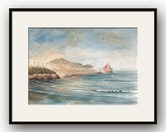 Seascape watercolor, sea waves, beach scape, sea cliffs, coast landscape, nautical scene, seaside, marine painting  art by Juan Bosco