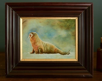Walrus oil on wood painting, Odobenus rosmarus, marine mammal illustration, large pinniped walrus artwork, Polar animals by Juan Bosco.