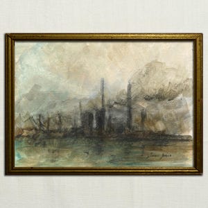 以下が含まれることがあります： 高い建物と曇り空の街並みを描いた水彩画。絵は金色の額縁に入っています。右下隅には、アーティストの署名「ジャン・ボスコー」が見えます。