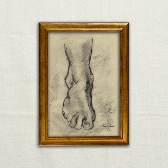 Original, NOT A PRINT - Old Masters style, Charcoal study of human figure, charcoal drawing, classic foot pencil sketch, country house art.
