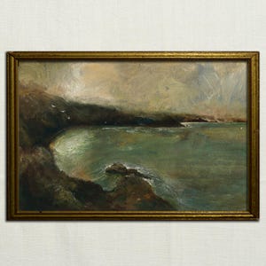 Dipinto ad olio su carta raffigurante una costa, disegno della costa della Spagna settentrionale, pittura astratta, illustrazione del paesaggio marino delle Asturie, opere d'arte sull'Atlantico di Juan Bosco.