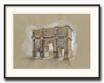 Arch di Costantino architettura disegno, trionfale Arco Roma città disegno, antiche rovine disegno, pittura ad acquerello di Juan Bosco