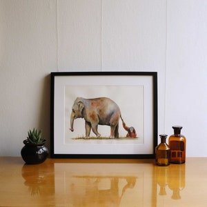 PRINT -Elephant with orangutan painting, asian elephant art, orangutan print, elephant print, elephant nursery, monkey art, animals