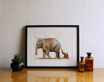 Elephant with orangutan painting, asian elephant art, orangutan print, elephant print, elephant nursery, monkey art, animals by Juan Bosco