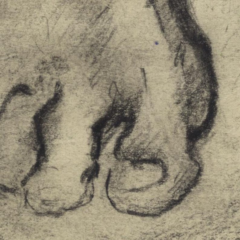 May include: A charcoal sketch of a figure's feet, rendered in varying shades of gray and black. The drawing captures the curves and contours of the feet, with visible shading and texture, suggesting a study of human anatomy.