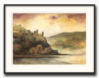 Burg Rheinstein watercolor. Romantic Rhine valley painting, castle Rhine river painting Germany, rhine painting landscape by Juan Bosco