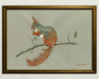 IMPRESIÓN - Retrato de ardilla roja en el bosque, impresión de acuarela, pintura, arte de pared, ardilla, animal, bosque, americano - Impresión artística de Juan Bosco