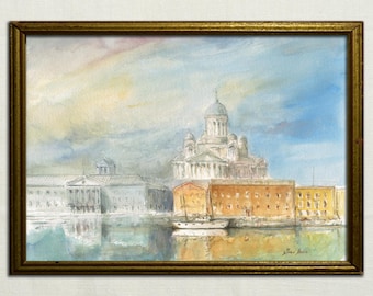 Helsinki watercolor, Helsinki Finland art, Helsinki Finland painting, Helsinki print, Helsinki cityscape, Europe city art by Juan Bosco