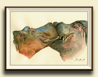 PRINT-Hippo love kiss -africa animal wall decor- study african trophy watercolor painting print hippo  - Art Print by Juan Bosco