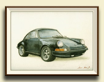 PRINT-Porsche 911 Black - Porsche classic - print watercolor painting art wall car decal auto Porsche -art - by Juan Bosco