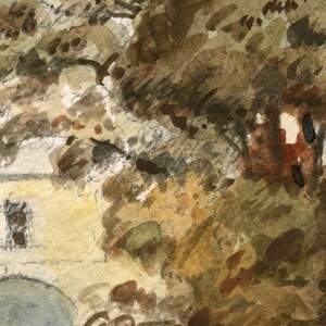 May include: A watercolor painting of a building with a tree in the foreground. The building is painted in shades of yellow and white, while the tree is painted in shades of brown, green, and gray.