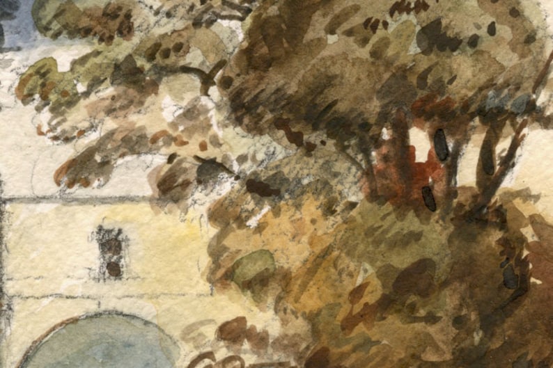 May include: A watercolor painting of a building with a tree in the foreground. The building is painted in shades of yellow and white, while the tree is painted in shades of brown, green, and gray.