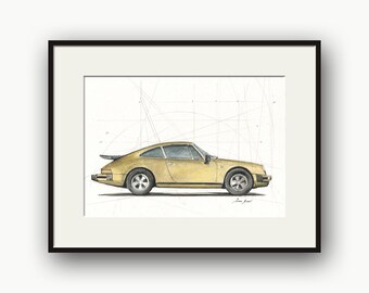 プリント - クラシック ポルシェ 911 ターボ 水彩画、ポルシェの