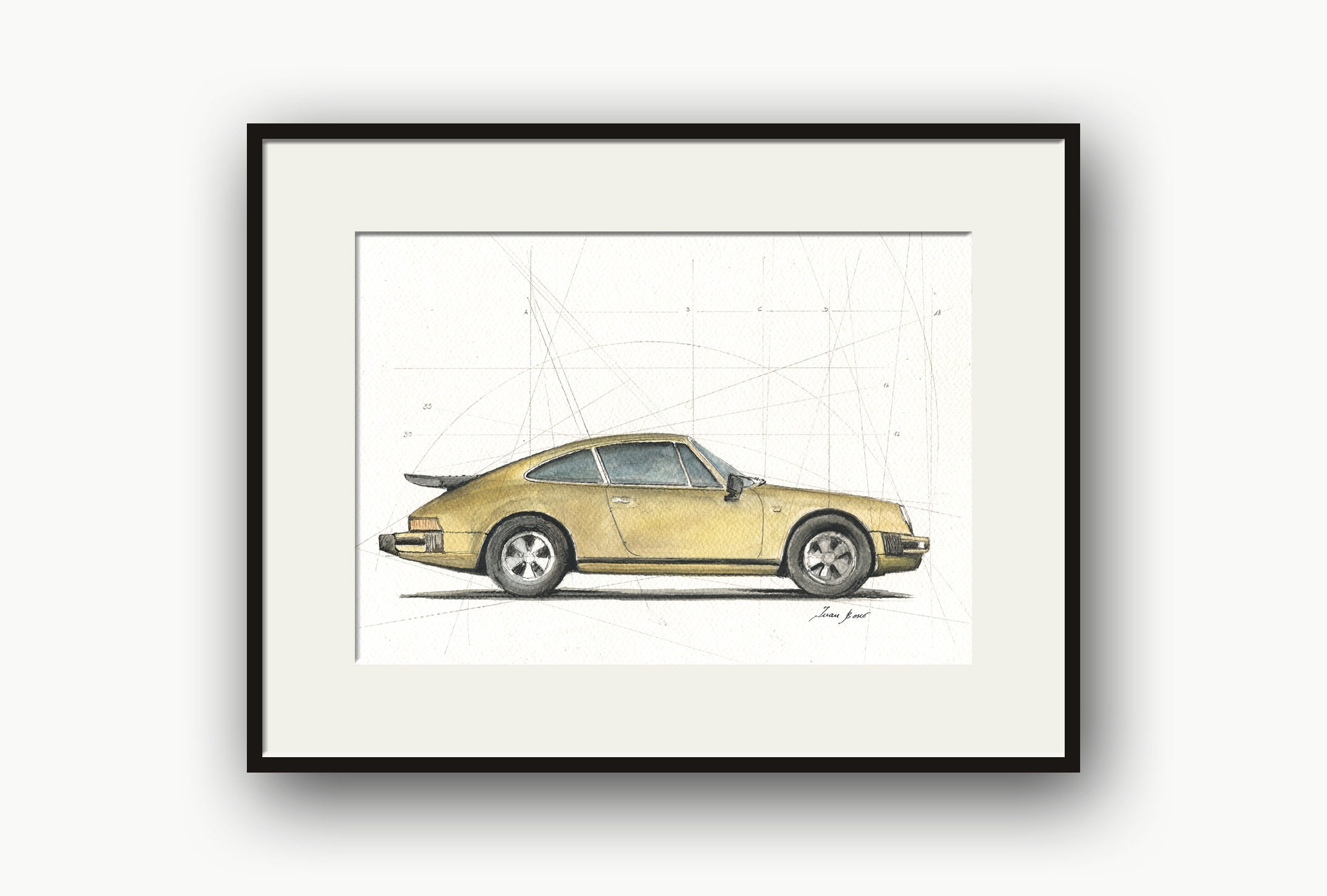 プリント - クラシック ポルシェ 911 ターボ 水彩画、ポルシェの