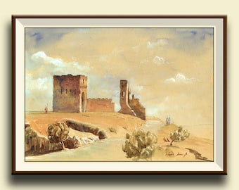 PRINT-Fes Ruins Morocco - Morocco Fez  Wall orientalist print from watercolor painting- architecture cityscape  - Art Print by Juan Bosco