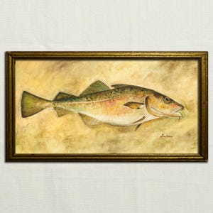 Könnte beinhalten: Gerahmtes Aquarellgemälde eines Fisches, mit Gelb-, Grün- und Brauntönen. Der Fisch ist im Profil dargestellt, mit detaillierten Flossen und Schuppen. Der Rahmen ist dunkelgoldfarben, und der Hintergrund ist ein gedämpftes Beige.