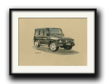 Mercedes G class drawing- Mercedes classic - print watercolor painting art wall car decal auto Mercedes G- art- by Juan Bosco