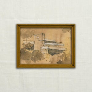 Origineel, GEEN PRINT - Fallingwater House Frank Lloyd Wright, kunst aan de muur architectuur, 20e-eeuwse architectuurtekening - ingelijste kunst