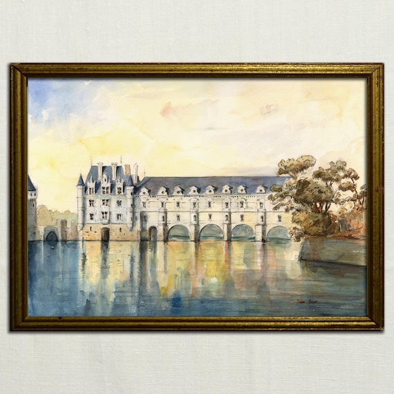 PRINT -Chateau de Chenonceau, french castle painting, loire river valley art, chateau art original art wall watercolor and print- Art