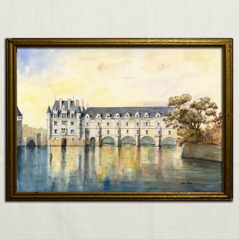 PRINT -Chateau de Chenonceau, french castle painting, loire river valley art, chateau art original art wall watercolor and print- Art image 1