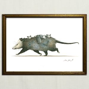 PRINT- Opossum with cubs - Opossum print - Possum art - Marsupial print watercolor painting art wall - Art Print by Juan Bosco