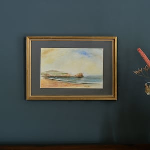 STAMPA - Acquerello su carta di paesaggio marino di Salinas, dipinto della costa delle Asturie, illustrazione dell'Anchor Museum, Philippe Cousteau, Paesaggi marini.