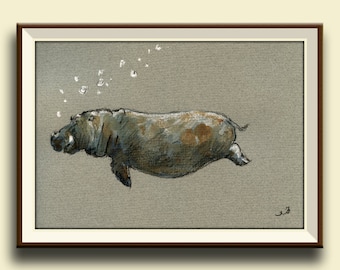 PRINT-Hippo- hippo swimming print of watercolor painting- africa safari decor- Art Print by Juan Bosco
