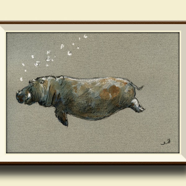 PRINT-Hippo- hippo swimming print of watercolor painting- africa safari decor- Art Print by Juan Bosco
