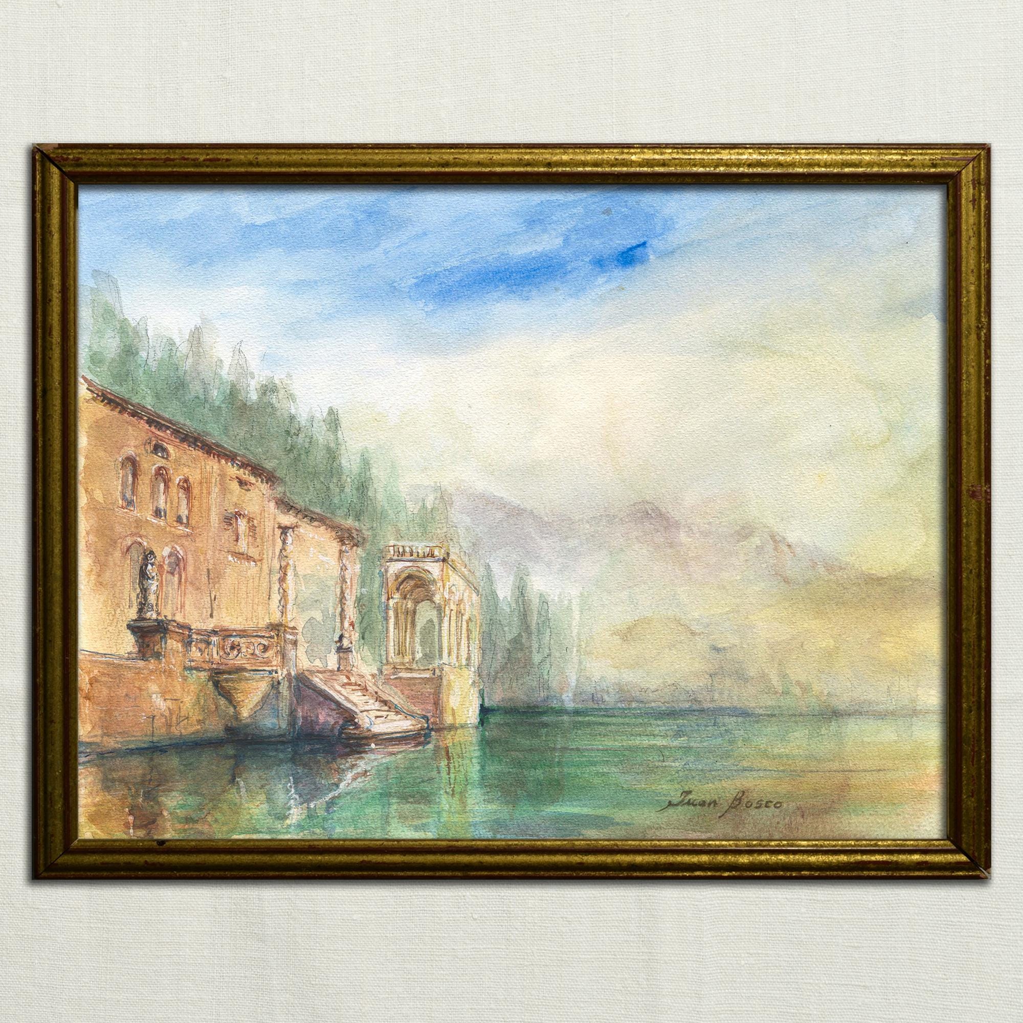 Villa Monastero watercolor painting, Lake Como illustration, Historical residence, San Giovanni, Tremezzina, Italy places by Juan Bosco.