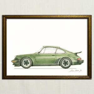 PRINT-Porsche 911 turbo 930 car- Green classic Porsche decor - auto car art wall - Art Print by