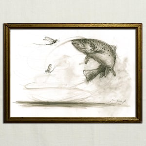 PRINT- Trout eating fly - fish drawing painting print game fishing decor- art wall decal nursery-sport fly fishing - Art Print by Juan Bosco