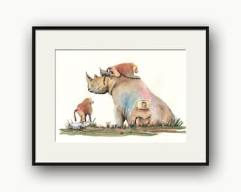 Witte neushoorn met bavianen - Afrikaanse portretkunst aquarel - neushoorn kunst decor - neushoorn kwekerij muur - Art Print door Juan Bosco