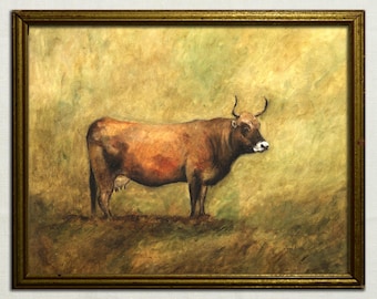 牛の肖像画プリント、キャンバスに描かれたオリジナル油絵、ファーム