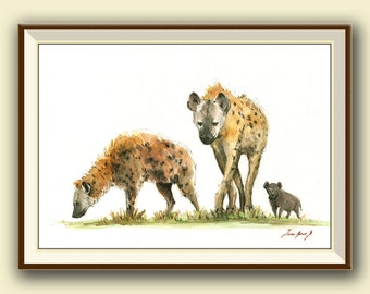 PRINT- Hyena Family -Hyenas and cub - african animal art nursery from watercolor painting- Hyena print - Hyena art- Art Print by Juan Bosco