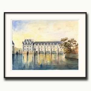 May include: Watercolor painting of a white castle with a bridge over a river. The castle is reflected in the water. The sky is a light blue with yellow clouds.