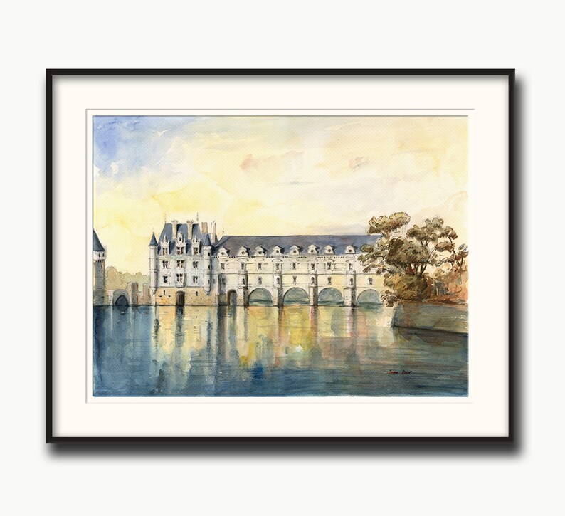 May include: Watercolor painting of a white castle with a bridge over a river. The castle is reflected in the water. The sky is a light blue with yellow clouds.