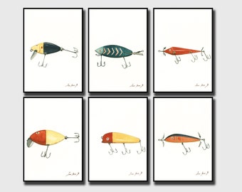 PRINT- Set of 6 Prints -Vintage Fishing Lures - saltwater Gamefish fishing bite lure - saltwater fish art sea decor- Art Print by Juan Bosco