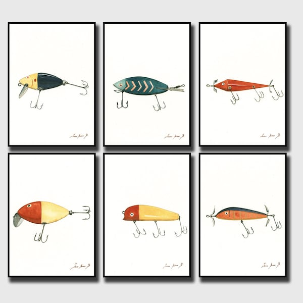 Druck-Set von 6 Drucke - Vintage Fischköder - Salzwasser Gamefish Biss Fischköder - Salzwasserfisch Meer Dekor-Kunst Druck von Juan Bosco